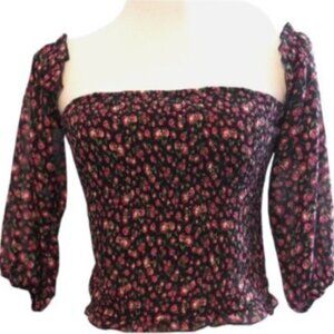 Wild Fable Womens Smocked Cropped Off The Shoulder Top Black Floral JR L New